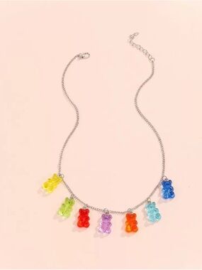 Bright Gummy Bear Charm Necklace - Multicolor Silver Chain